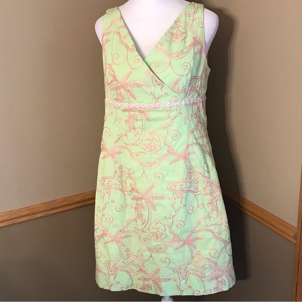 VTG Lilly Pulitzer Green Pink Floral Monkey Embroidered Sleeveless Dress Size 6 - Picture 2 of 7